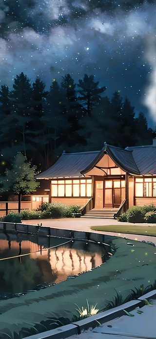 治愈夜晚湖边小屋