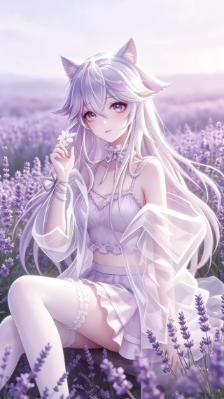 薰衣草与猫耳少女的紫调梦境