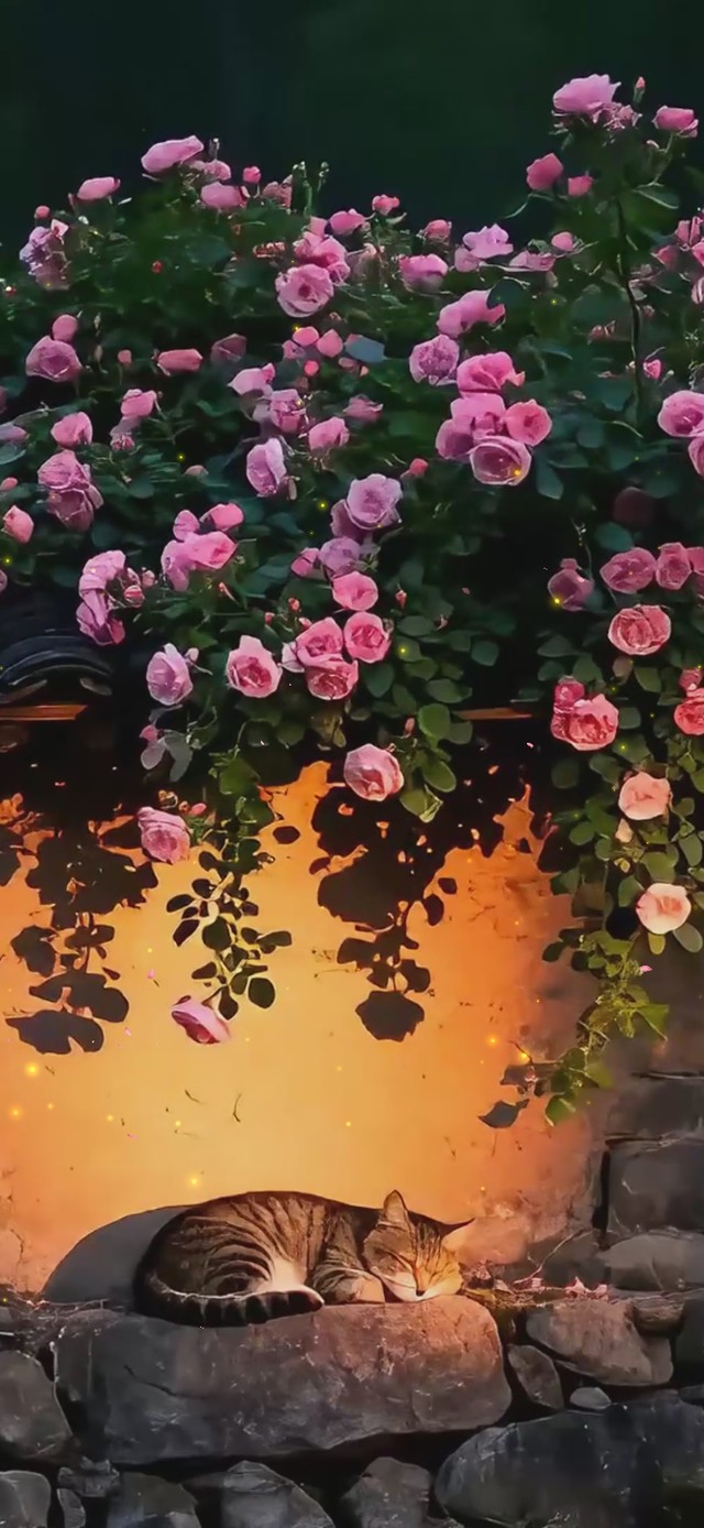傍晚花墙小猫