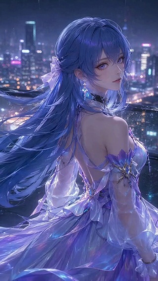 雨夜都市蓝发二次元美少女