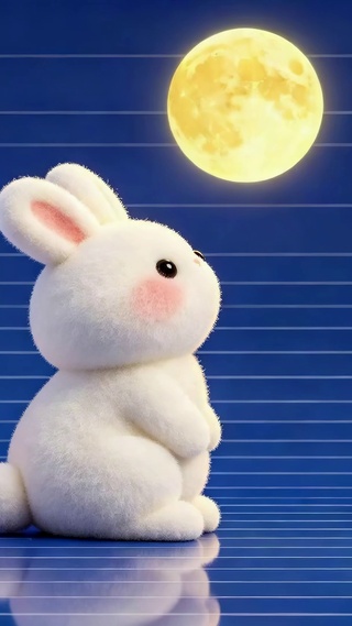中秋月夜可爱毛绒兔子