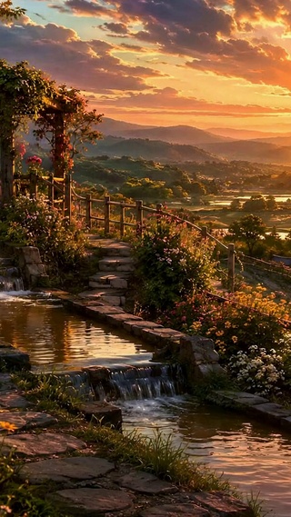 花园日落溪景