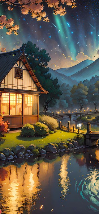 唯美插画夜晚庭院小屋