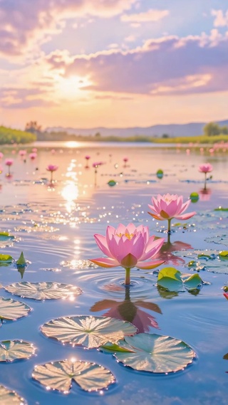 唯美风景落日荷塘