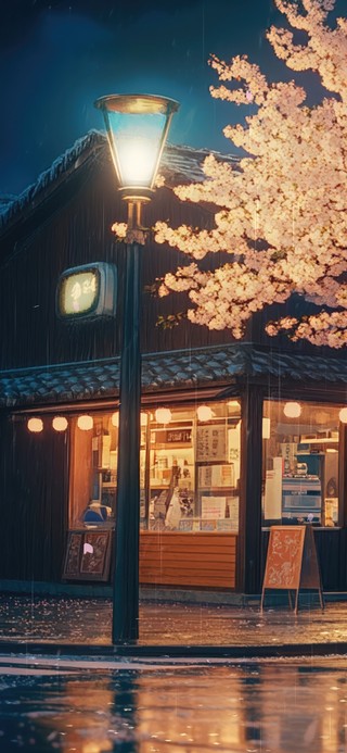 唯美雨夜落樱街道