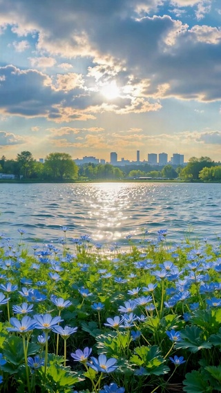晨光湖畔蓝花唯美风景