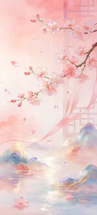 浅粉桃花柔雾新中式国风意境
