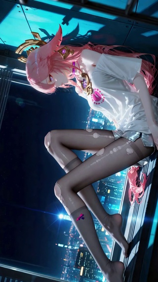 都市夜景窗边粉发美少女