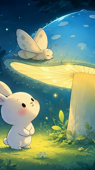 月夜森林蘑菇下的可爱白兔