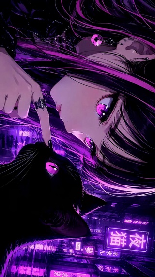 赛博紫夜黑猫美少女