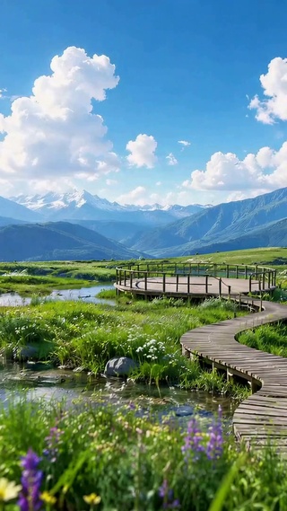 蓝天远山溪流治愈风景