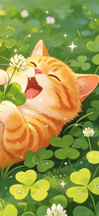 花漾壁纸|三叶草里打滚的橘猫