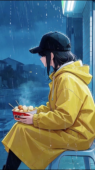 雨夜打工少女治愈壁纸