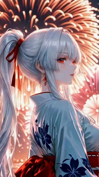 夏夜花火下的银发美少女
