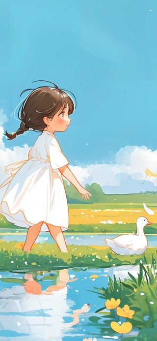 赶鸭小女孩