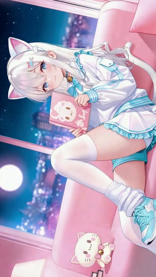 软萌猫耳白发少女城市夜景