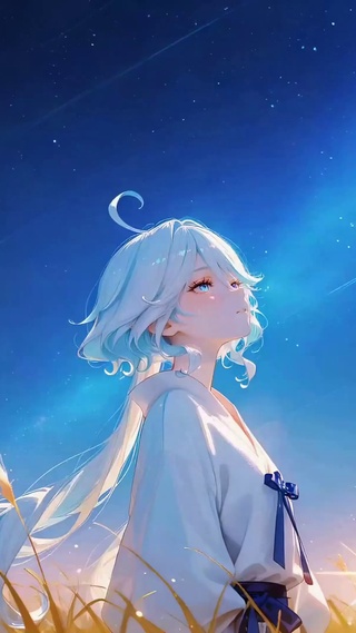 星空旷野下的蓝发美少女