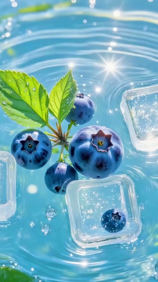 夏日蓝调水面蓝莓冰立方