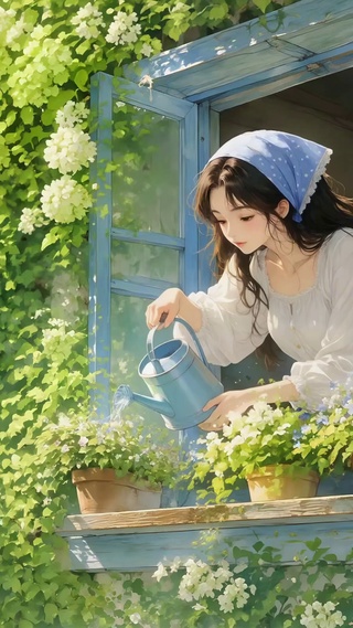 窗边浇花的夏日少女