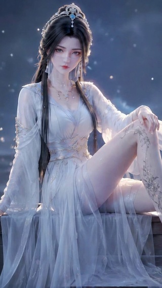 雪夜窗边古风白衣美女