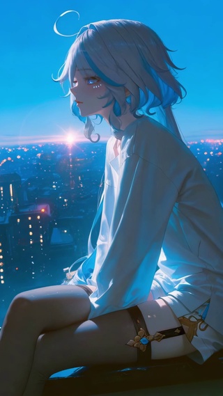 蓝调窗边夜景里的芙宁娜