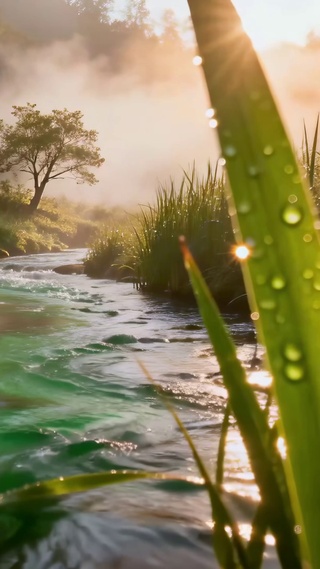 晨光溪流晨雾自然风景