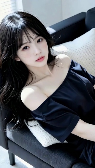 黑裙少女窗边沙发休憩