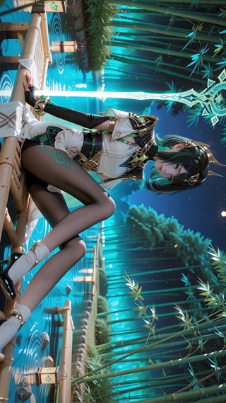 夜间湖泊竹林女孩奈芙尔