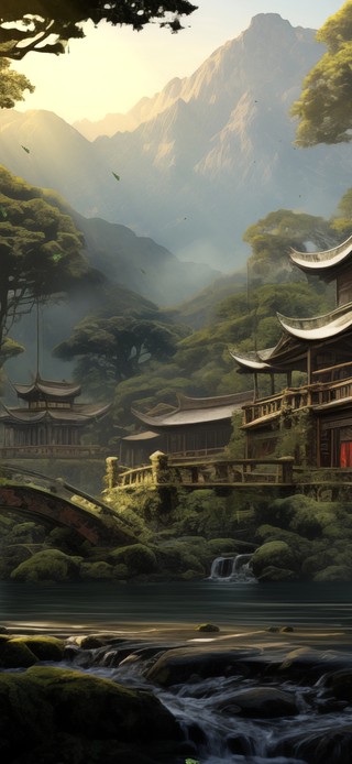 4K小桥流水人家山间