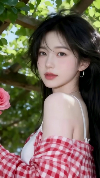 户外蔷薇下的清纯长发美少女