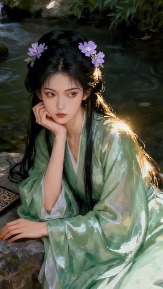 古风野外小溪旁的汉服美人发呆