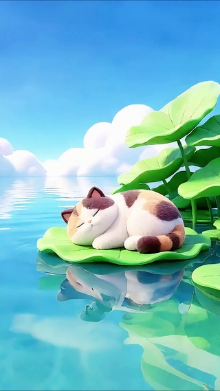清凉荷塘荷叶睡眠小猫