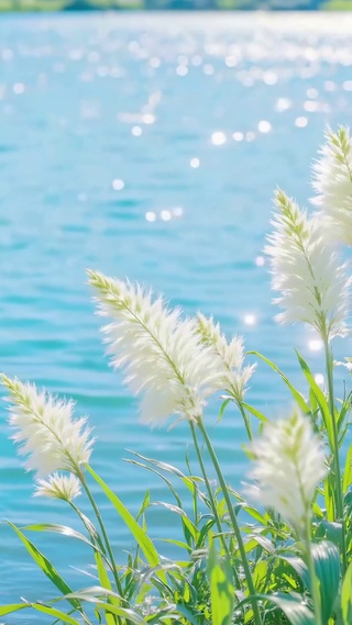 清新护眼蓝湖飘絮芦苇