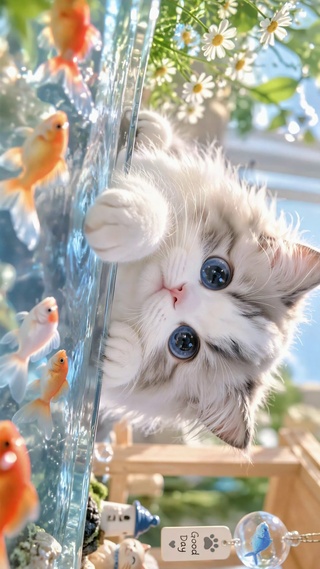 可爱萌猫觊觎鱼缸金鱼
