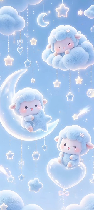 清新蓝可爱毛绒绒羊咩咩月亮星