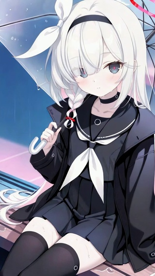 雨夜撑伞白发二次元美少女