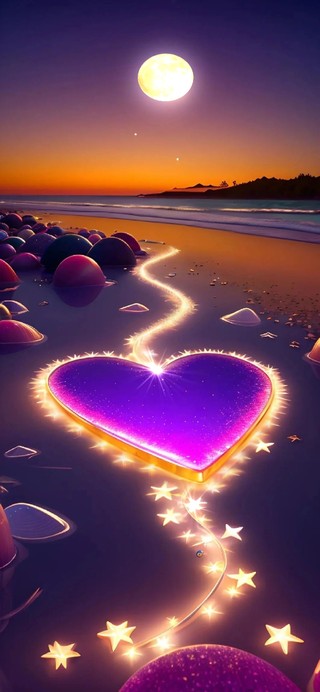 月下爱心沙滩