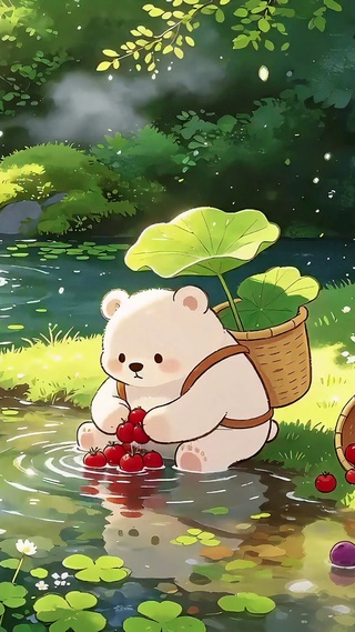 凉夏湿地洗水果的小熊