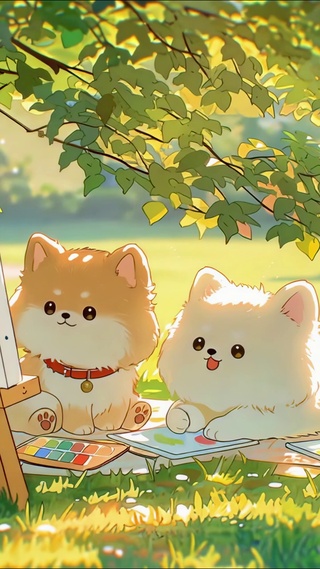 树荫下的狗狗画家二人组