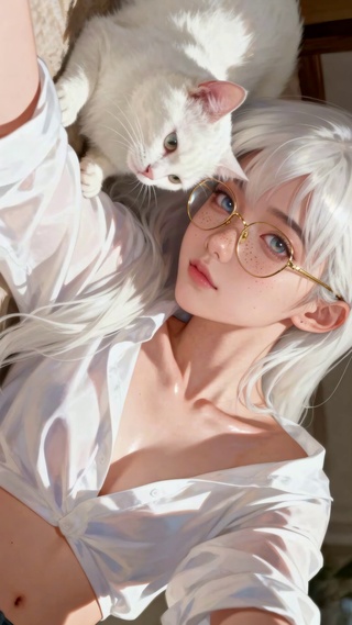 银发眼镜美少女与白猫