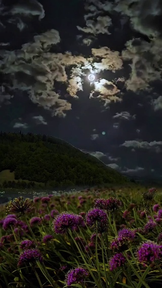夜晚草地-粉红小花