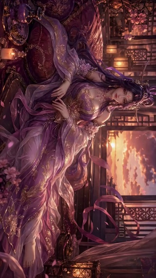 古风紫衣美人暮色闲卧
