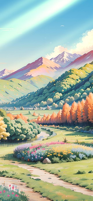 治愈风景插画山下小屋