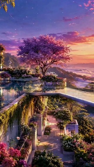 云端日落半山花海泳池
