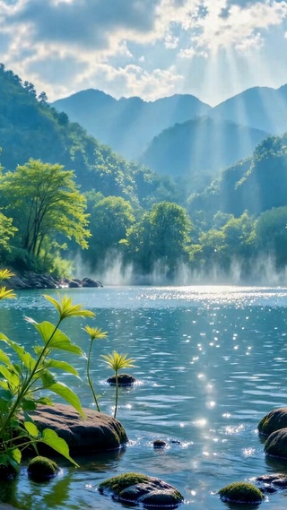 清新山水晨光治愈风景