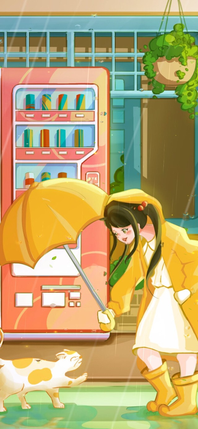 治愈温馨雨天少女与猫