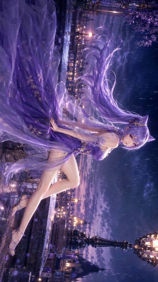 紫发猫耳雨夜二次元美少女