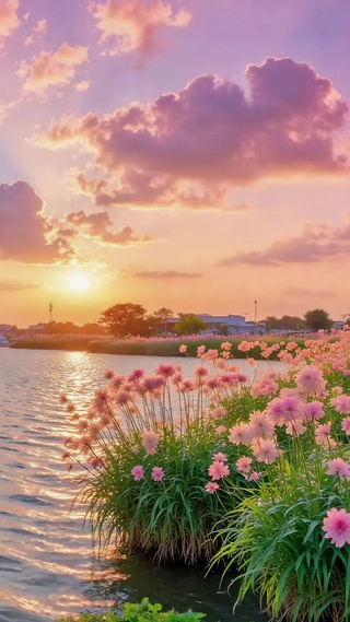 夕阳河畔粉色花海