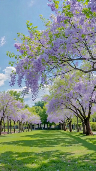 蓝天下紫藤花廊治愈风景