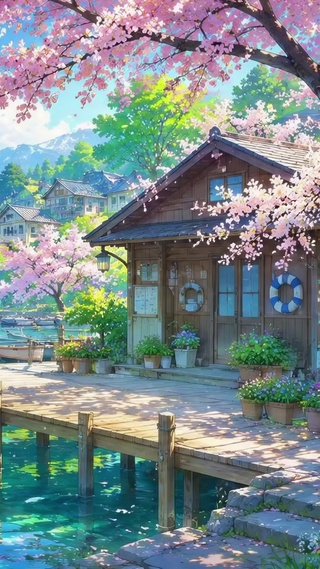 樱花湖畔的春日木屋